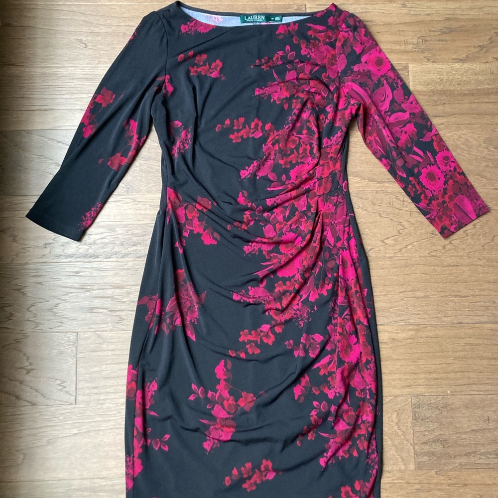 Lauren Ralph Lauren Black Dress with Fuchsia Floral Print-Size10